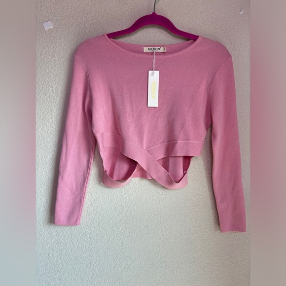 NWT Mebon By Machine Blush Pink Crisscross Ribbed Crop Sweater & Skirt Set L - Picture 10 of 11